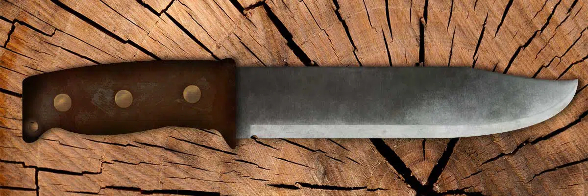 Image of a knife on a chopped trunk.