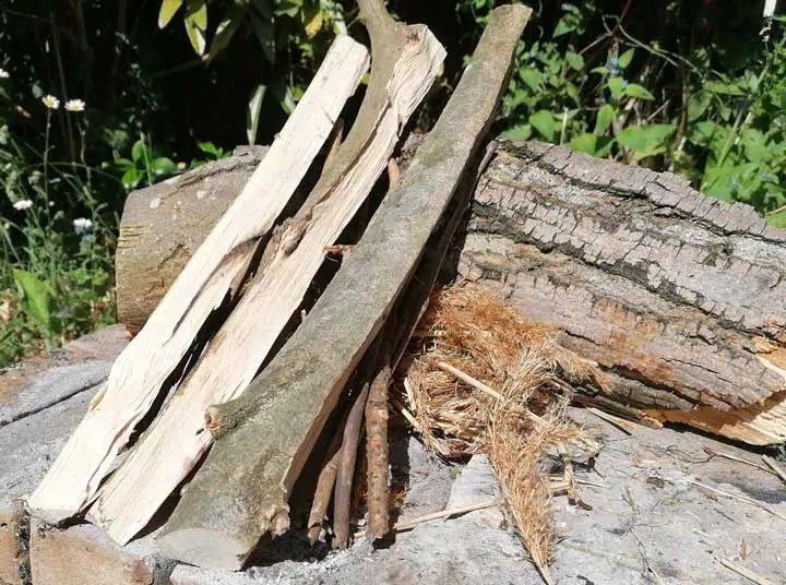 3/4 view of a lean-to fire lay. 