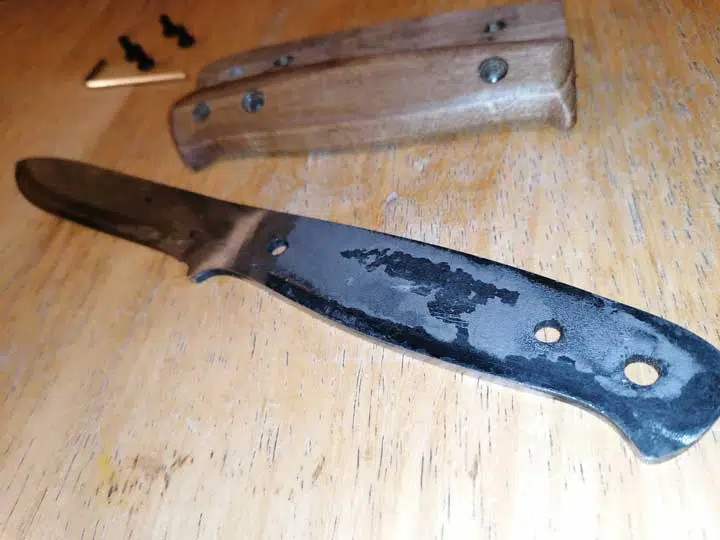 Tang and handle of a BPS Knives model.