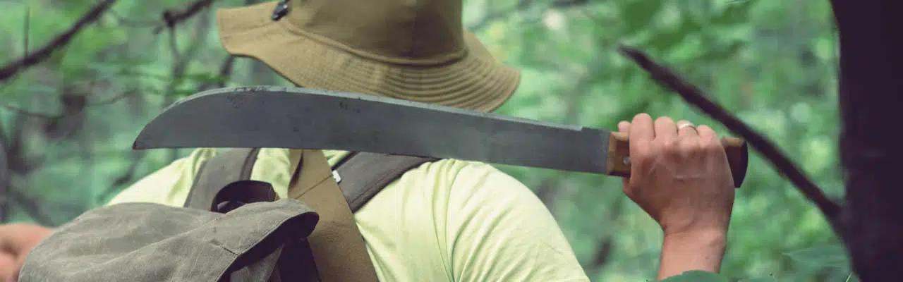 Photo of a machete being held behind the back in the jungle.