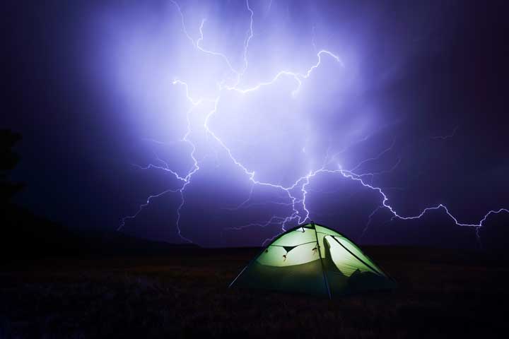 Do tents attract lightning Photo of a tent in the middle of a thunderstorm.