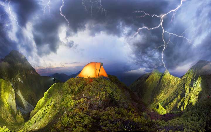 Do tents attract lighning? Photo of a tent in the middle of a thunderstorm.