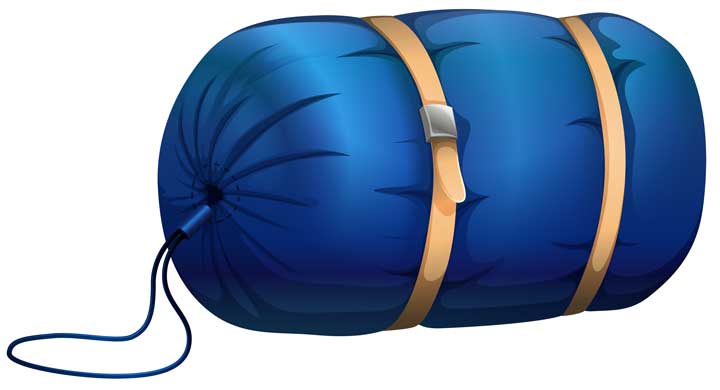 Blue sleeping bag with leather strapped. 