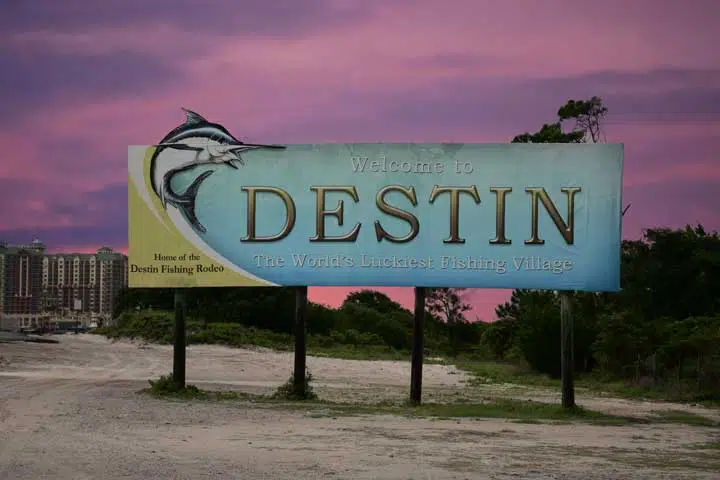 A sign at the entrance to the town of Destin, Florida, USA