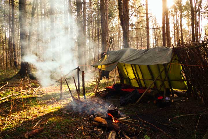 Tarp shelter for bushcraft Summer camp ground morning in Upstate New York.