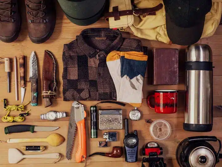 equipment of bushcraft activities in nature in autumn and winter. 